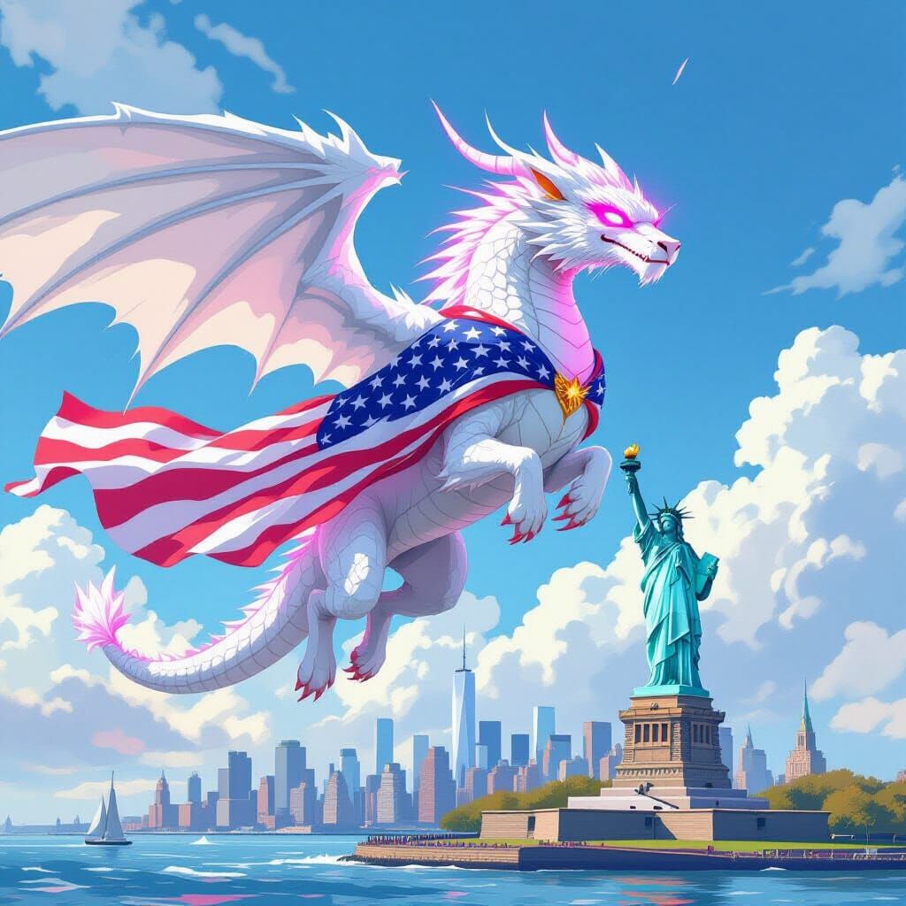 Neon Dragon Soars Over New York Sunset