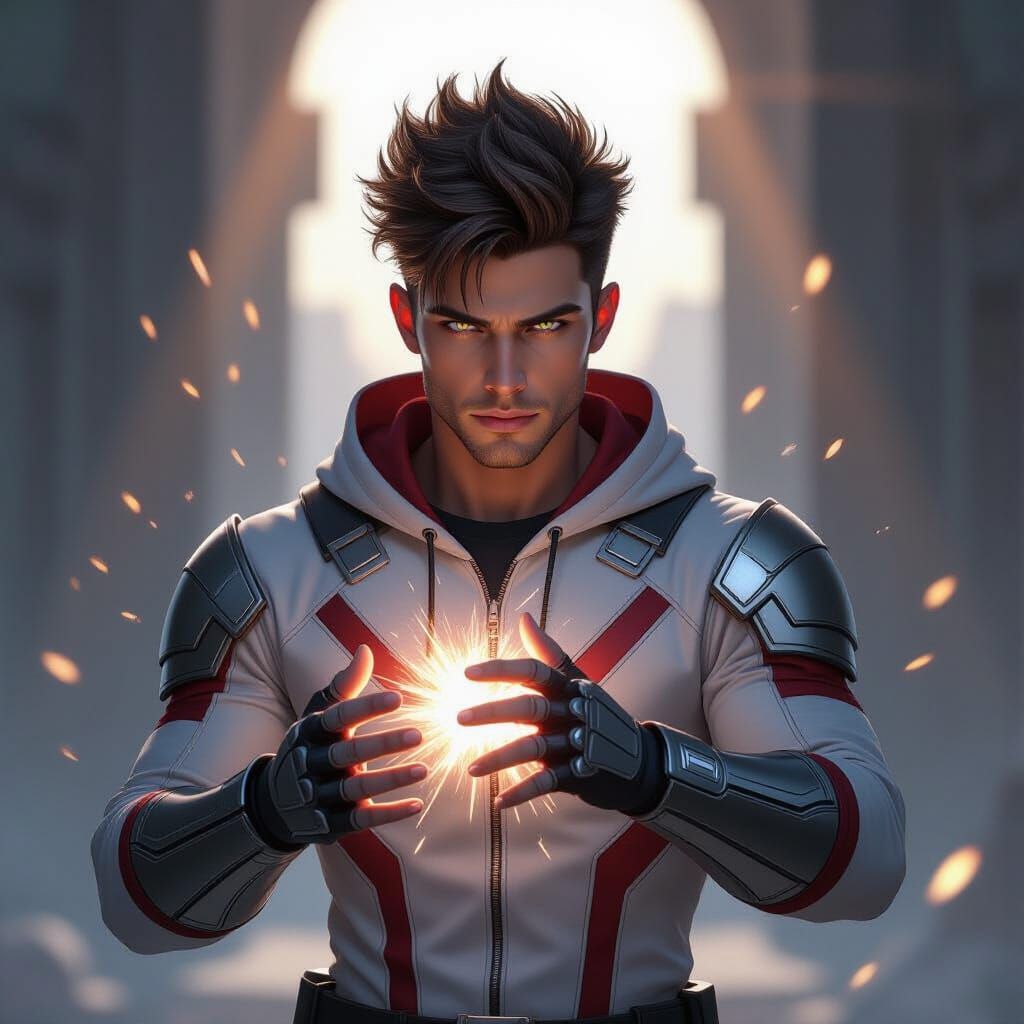 Heroic Man Transforms with Sci-Fi Energy Burst