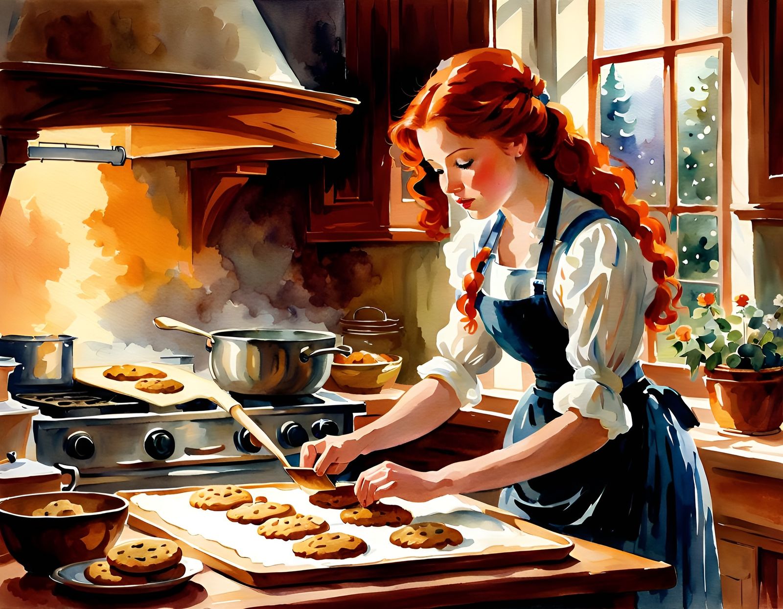Red-Haired Girl Baking Cookies in Watercolor Style