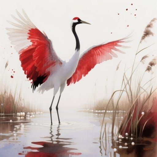 Elegant Red-Crowned Crane in Watercolour