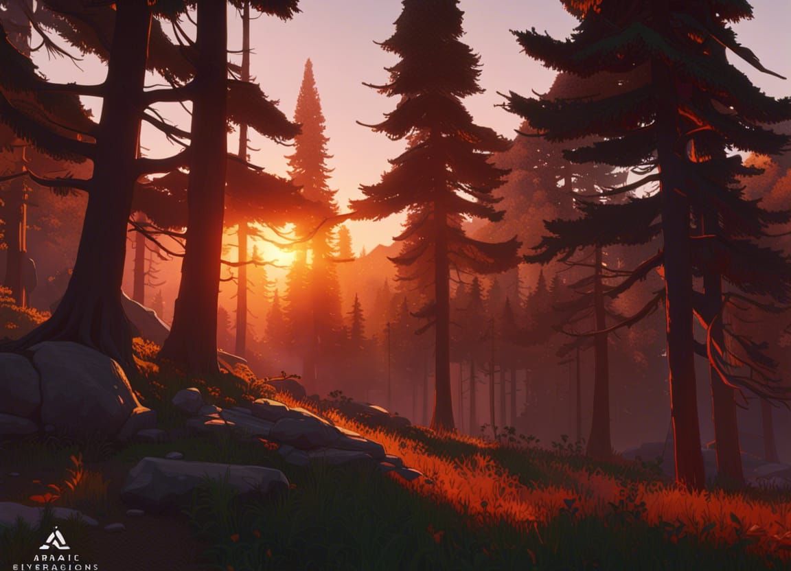 Sunset in Evergreen Forest: Hyperdetailed Concept Art