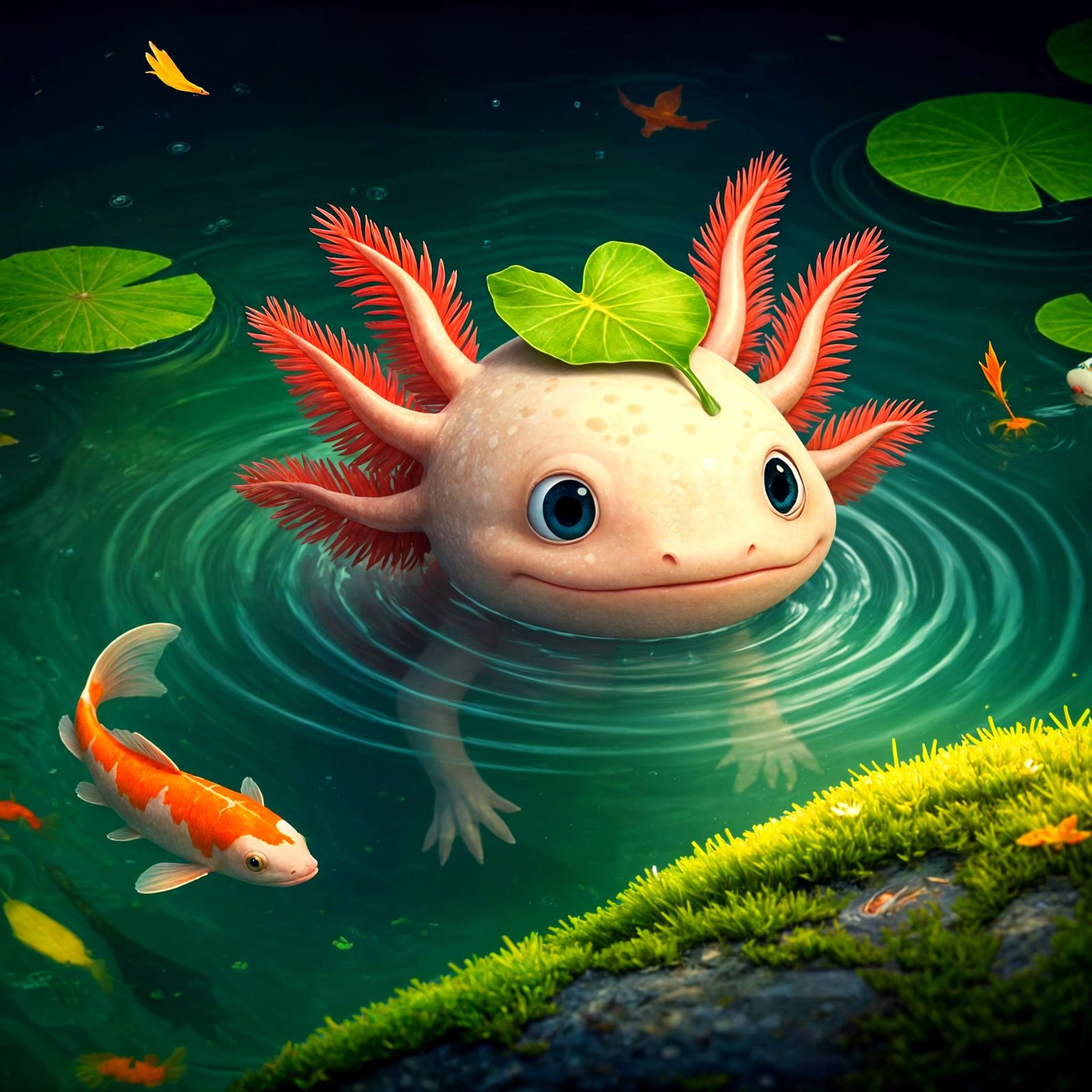 Pixar-Inspired Axolotl in Whimsical Lake Scene