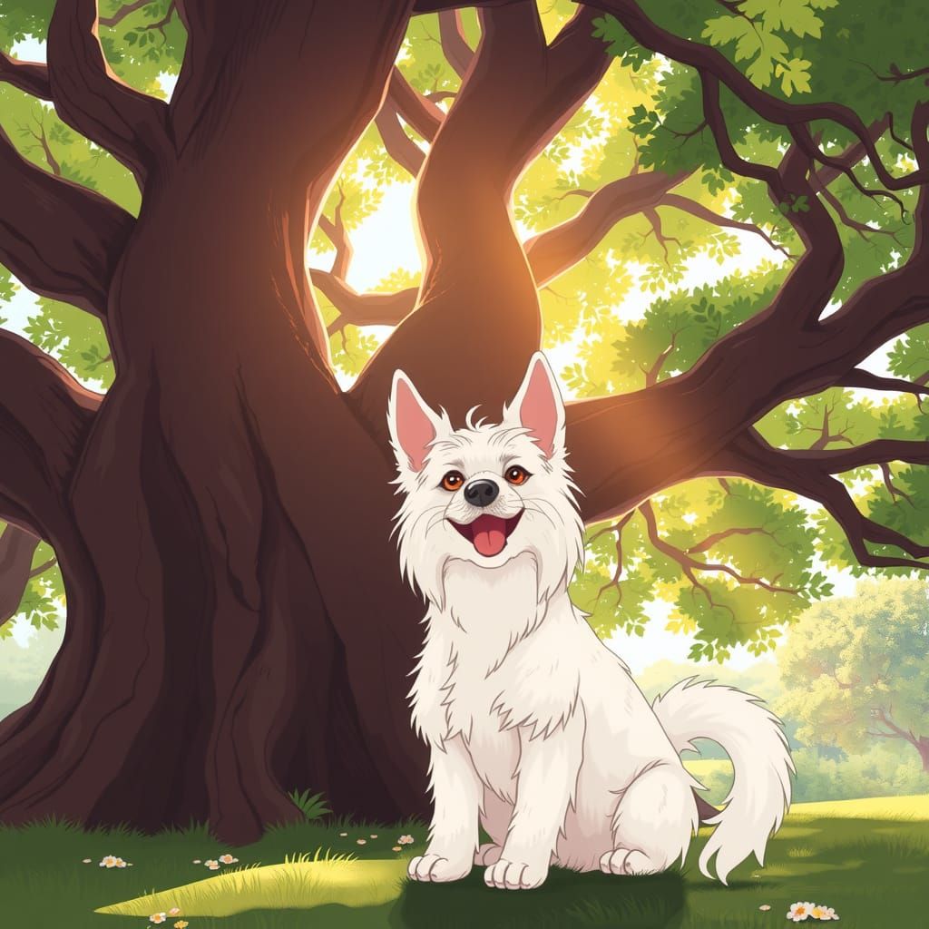 Cheerful Terrier Under Oak Tree in Manga Scan Style