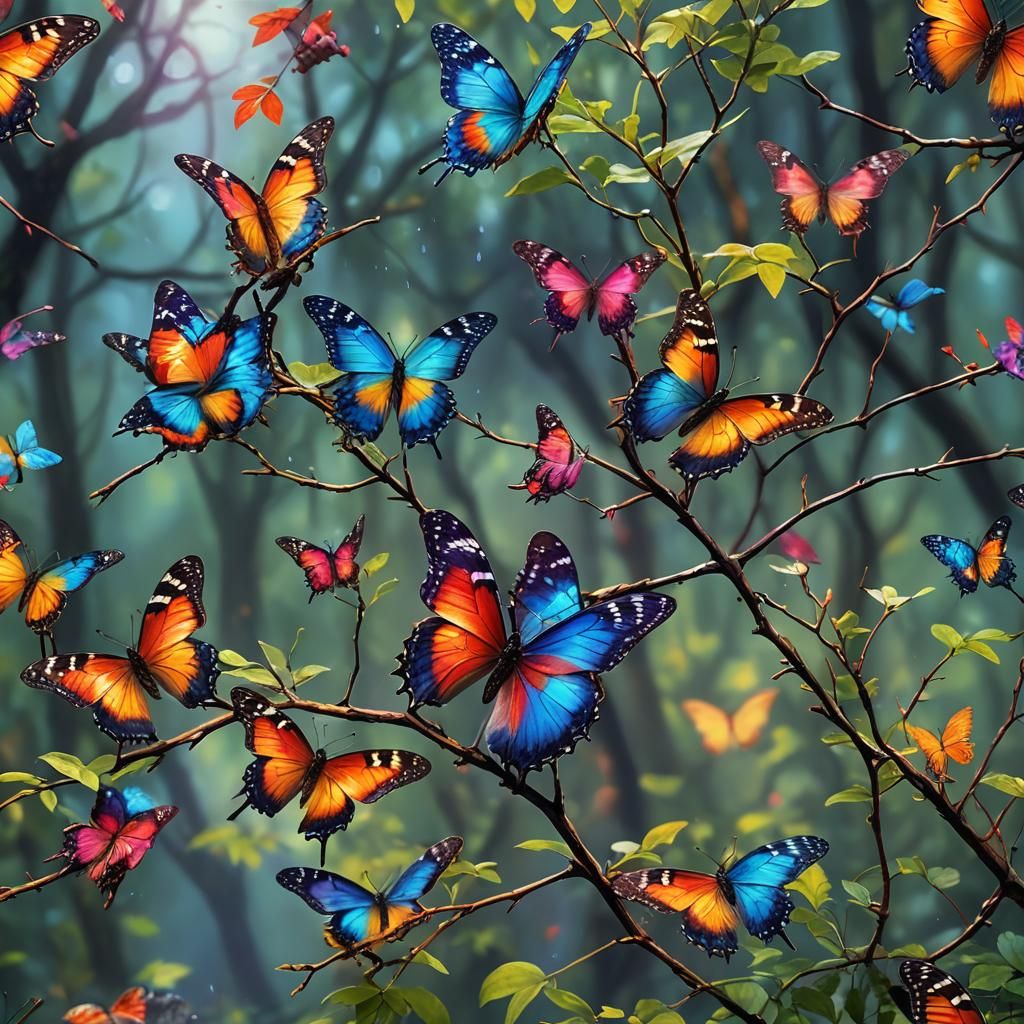 Colorful Butterflies on Twig in Oil Painting Style
