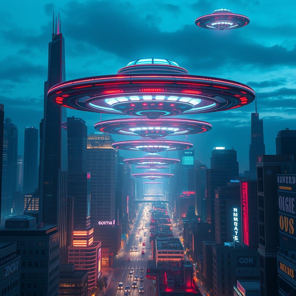 Futuristic Cityscape at Dusk with Celestial Fleet
