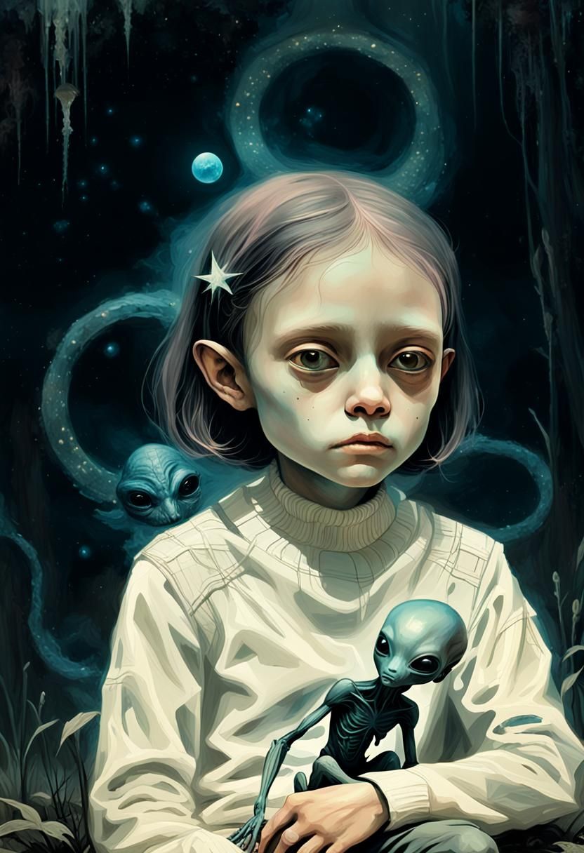 Alien in Swamp: Fresco-Style Bioluminescent Star Portrait