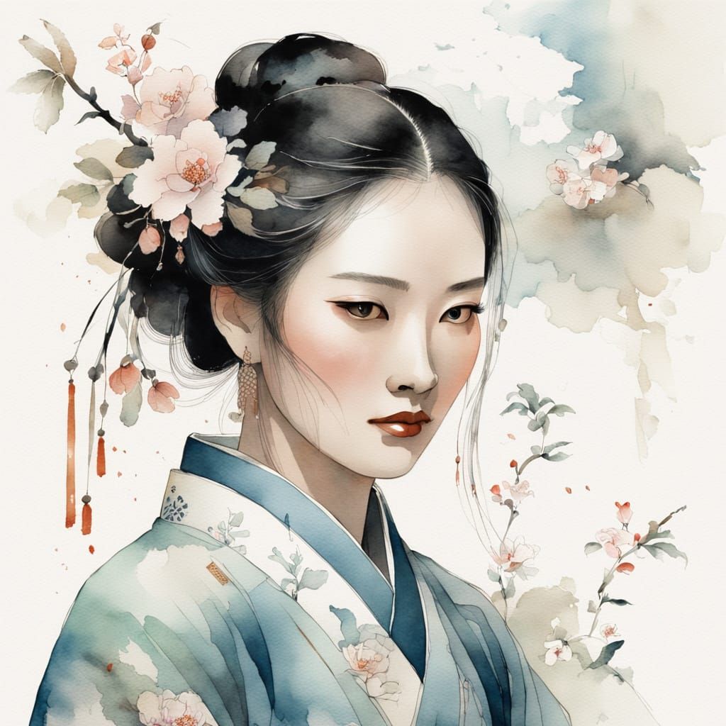 Traditional Chinese Beauty in Watercolor and Ink