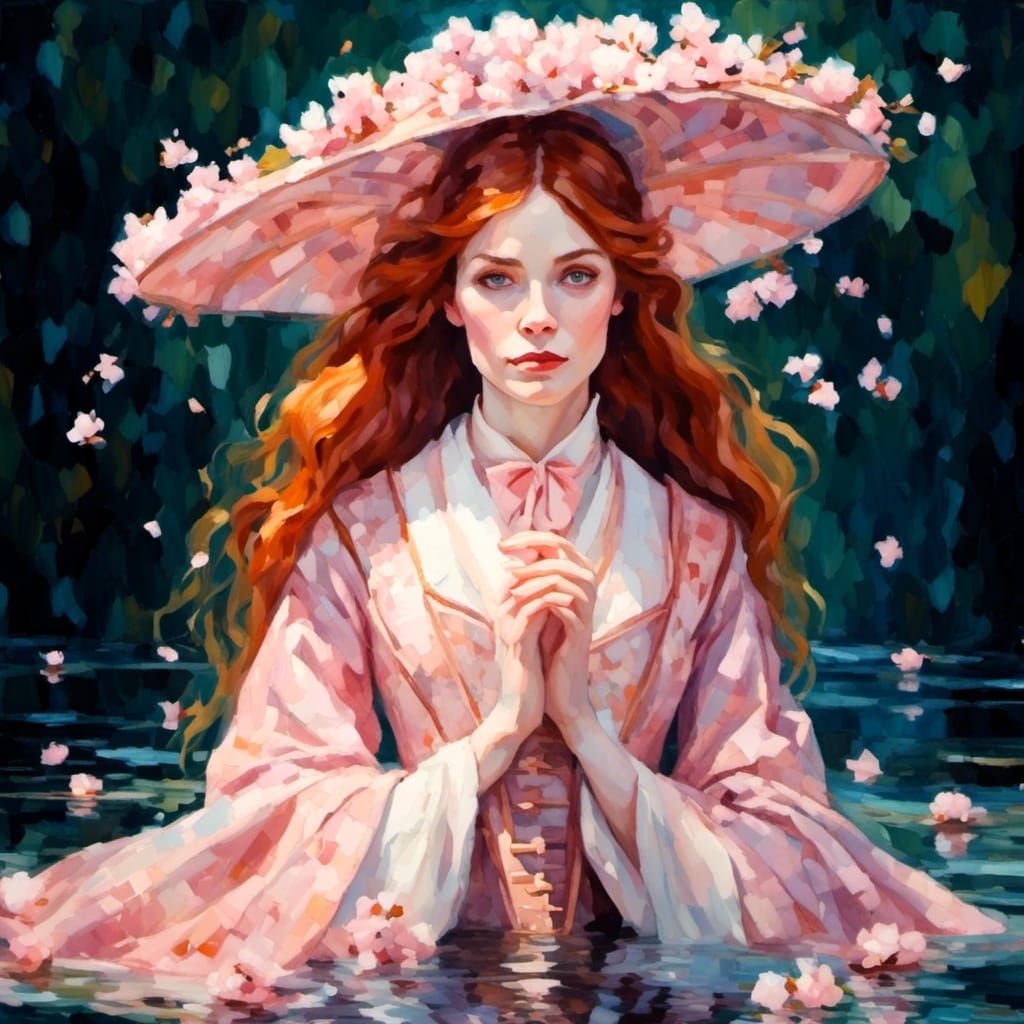 Auburn Haired Woman in Impressionist Cherry Blossom Scene
