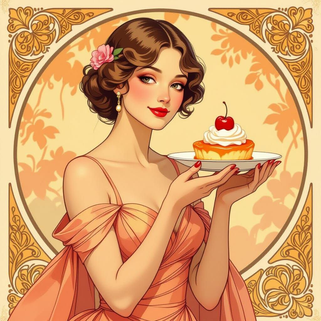 Woman with Peach Melba in Art Nouveau Style