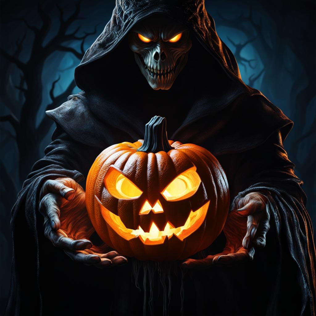 Hyperrealistic Halloween Villain with Jack o'Lantern