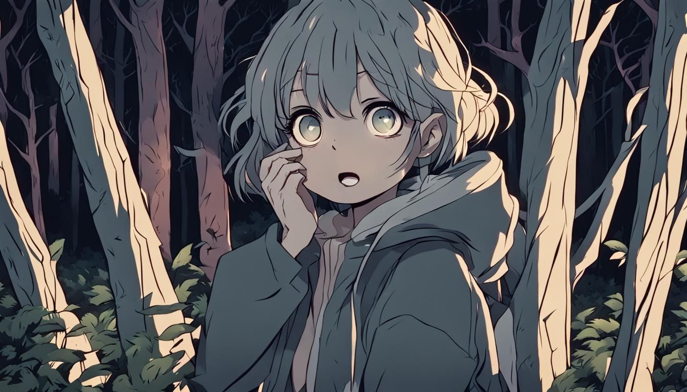 Anime Girl Hiding from Laughing Faces in Forest