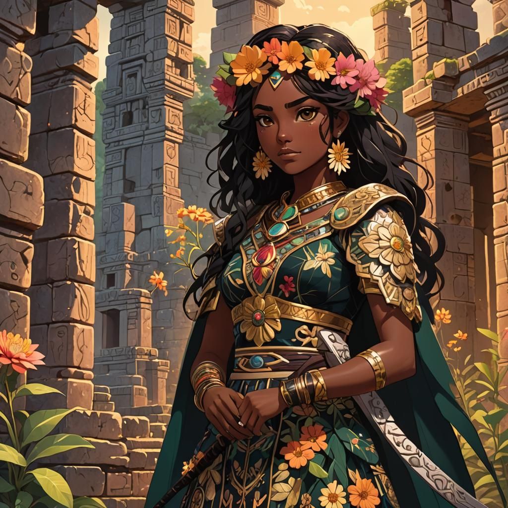 Latina Anime Girl with Obsidian Sword in Mayan Ruins