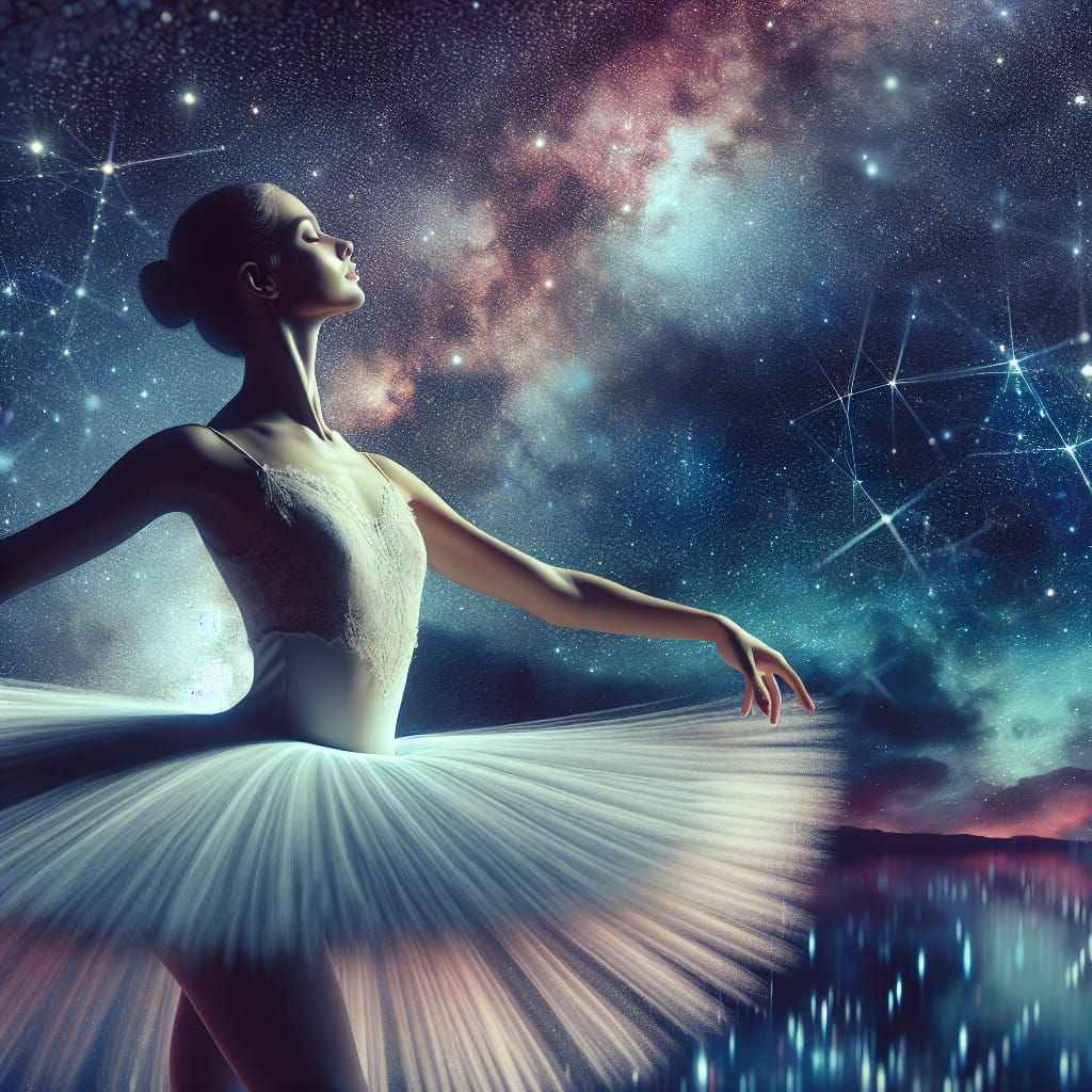 Ballerina Dances Under Starlit Sky in Dreamy Art