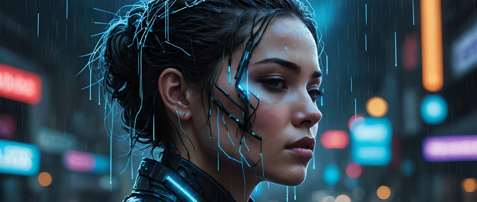 Cyberpunk Cyborg in Electric Neon Rain