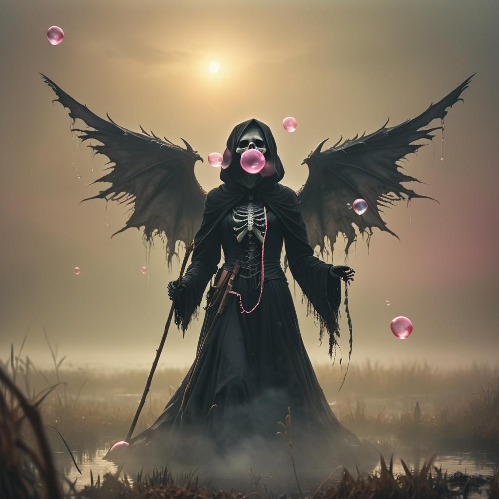 Gothic Grim Reaper Blowing Pink Bubblegum