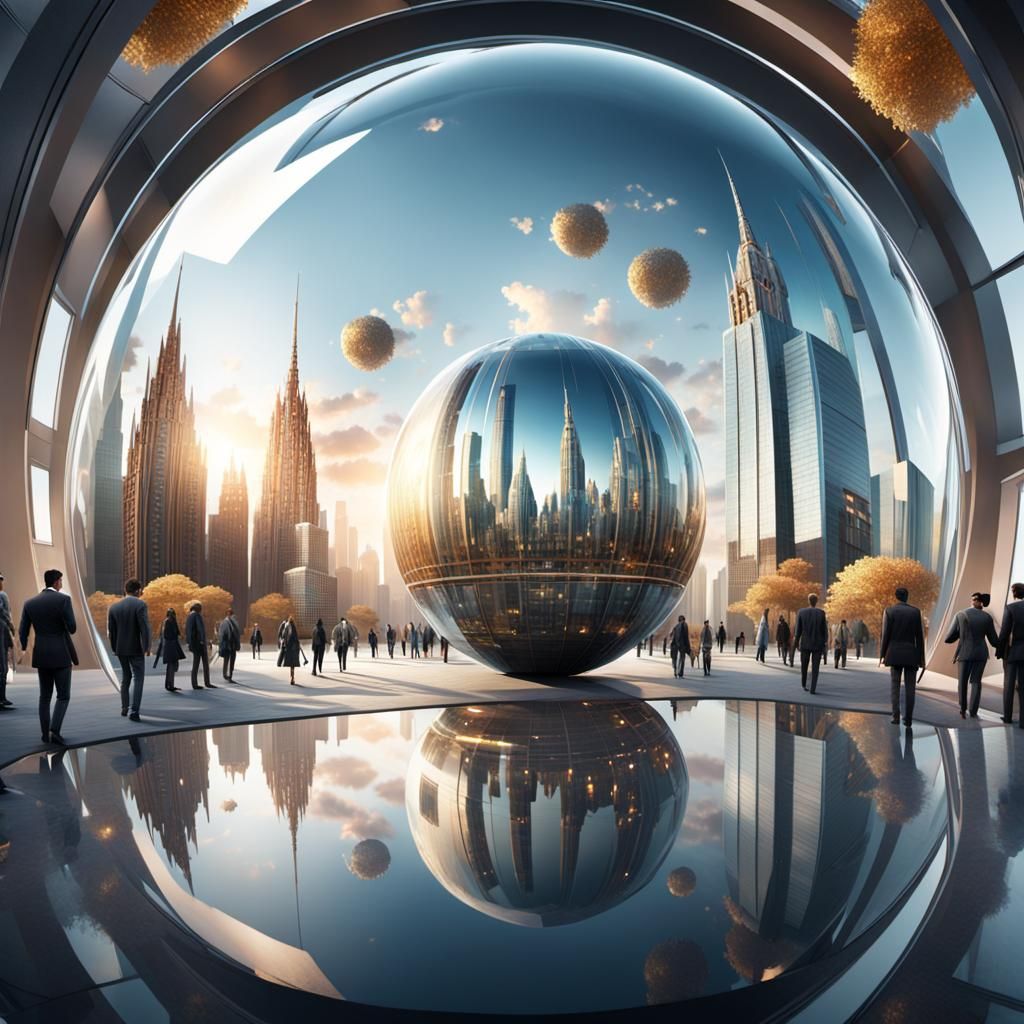 Futuristic Cityscape Reflected in Glass Orb