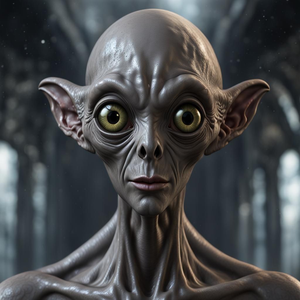 Hyperrealistic Grey Alien with Black Eyes