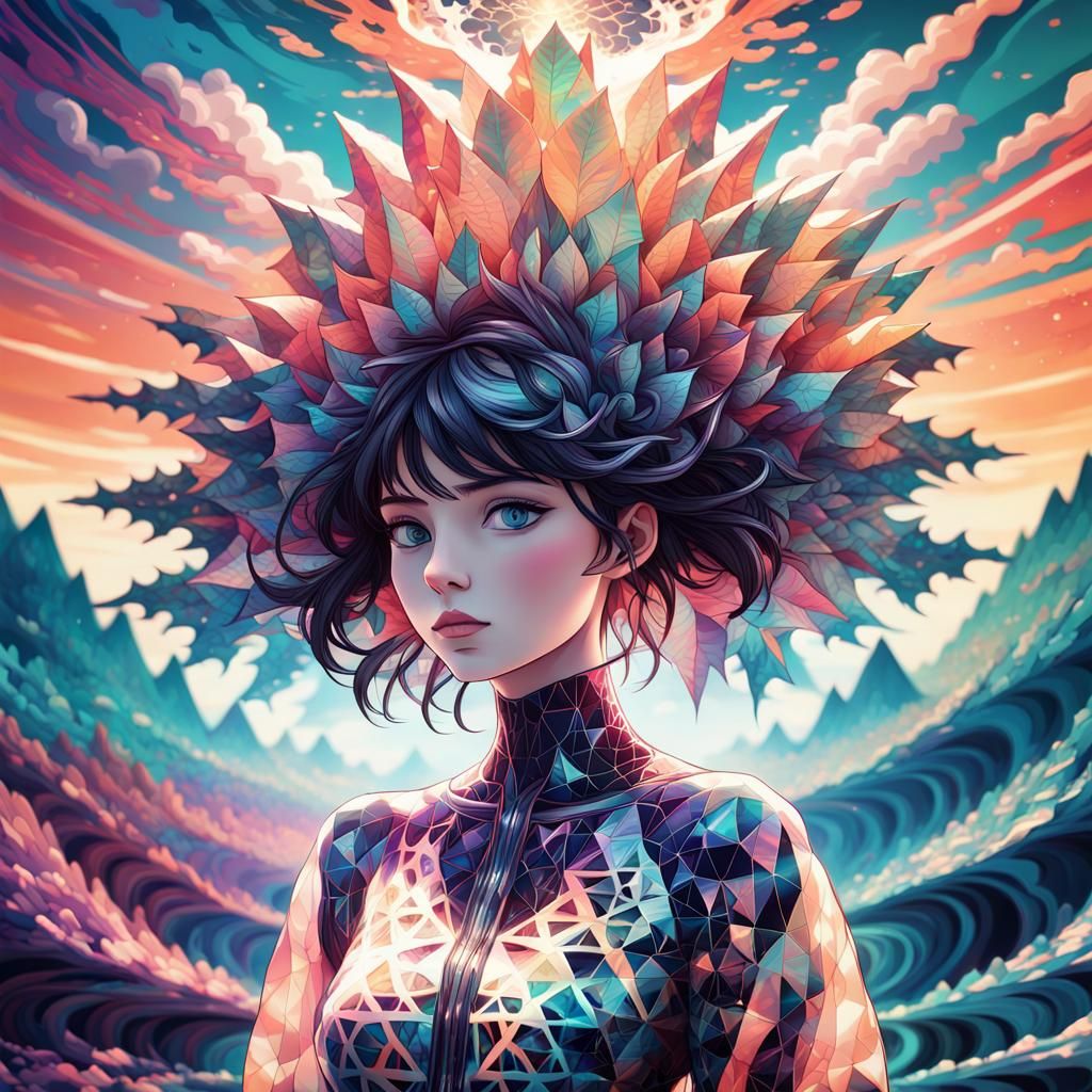 Anime Goddess in Iridescent Fractal Paradise
