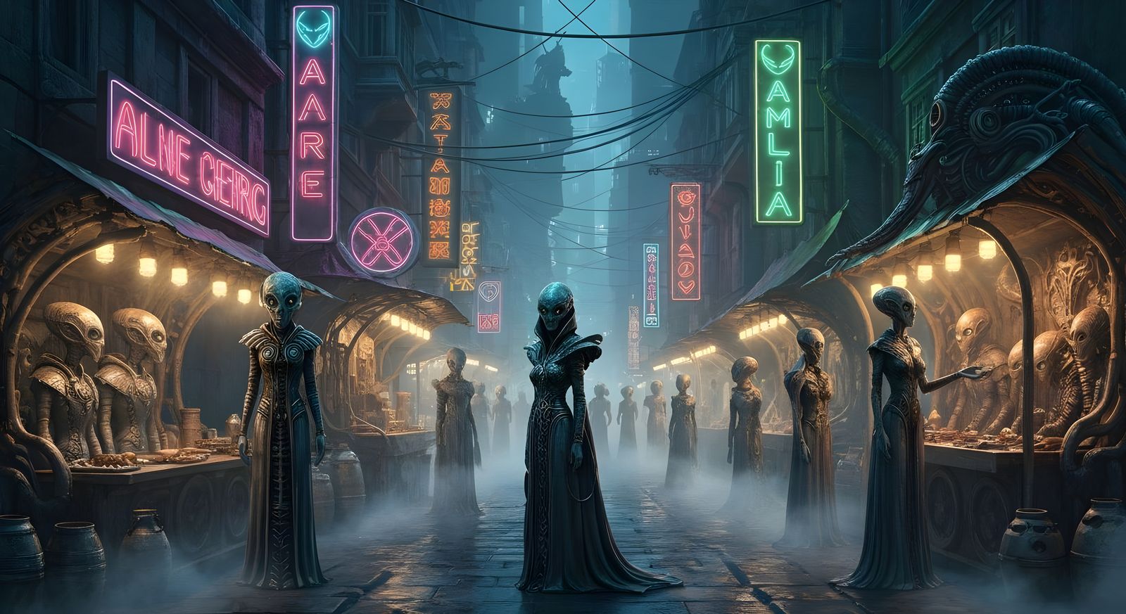 Detailed Alien Street Market at Night in Giger Style