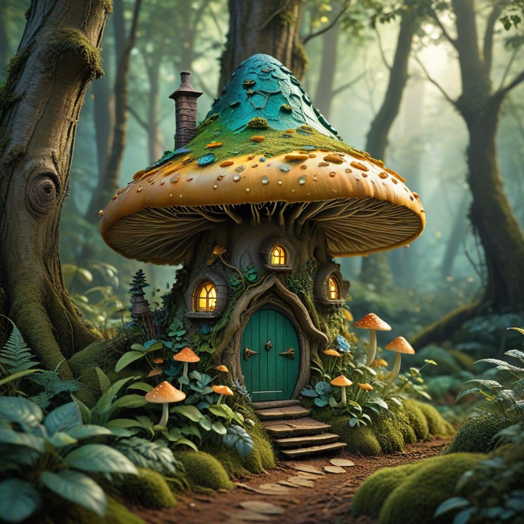 Whimsical Mushroom House in a Fantastical Forest