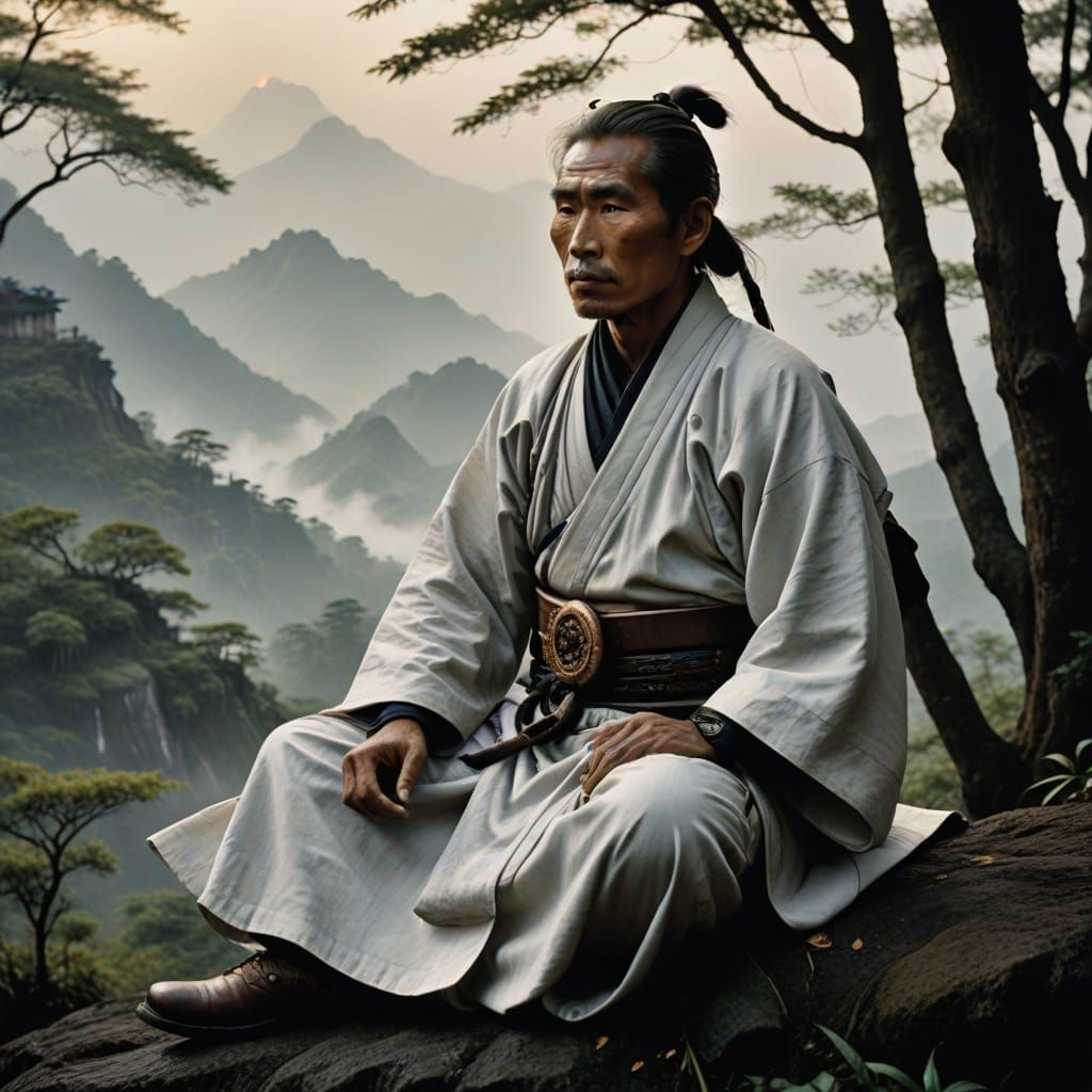 Serene Samurai in Mountain Meditation