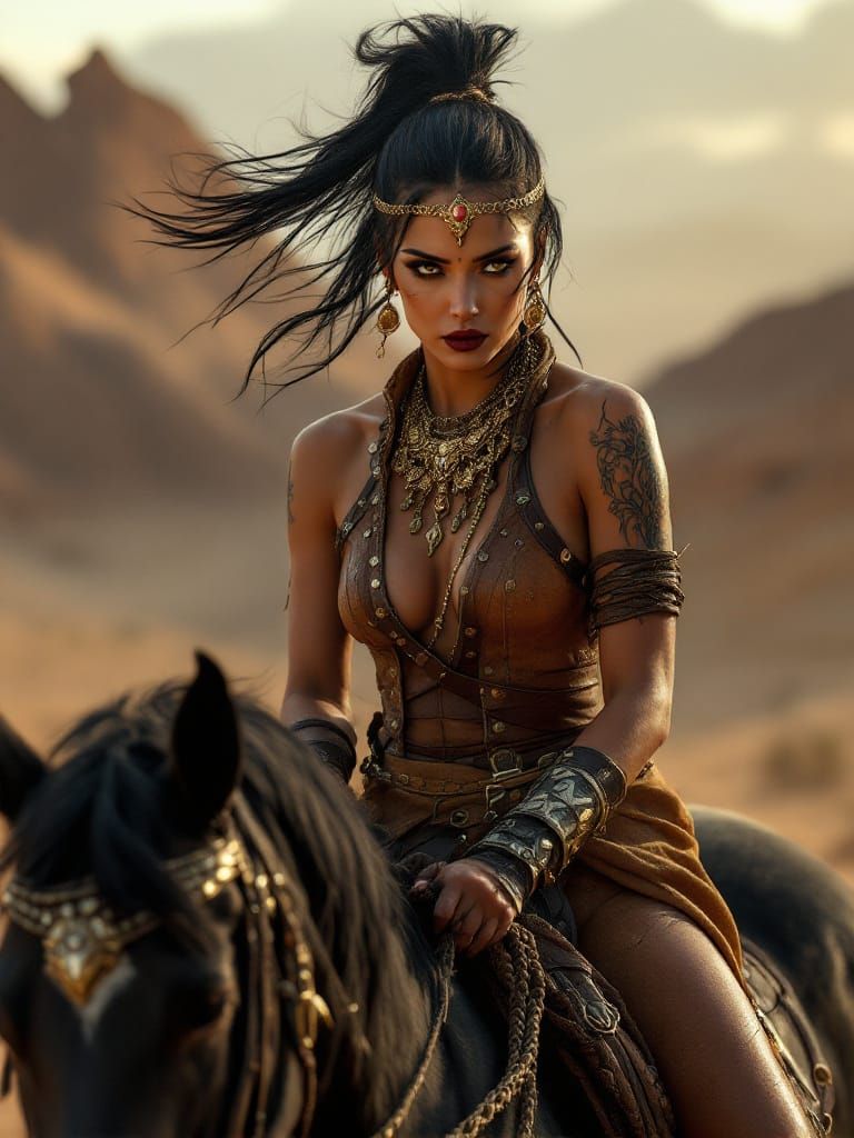 Nomadic Warrior Woman on Horseback in Desert Landscape