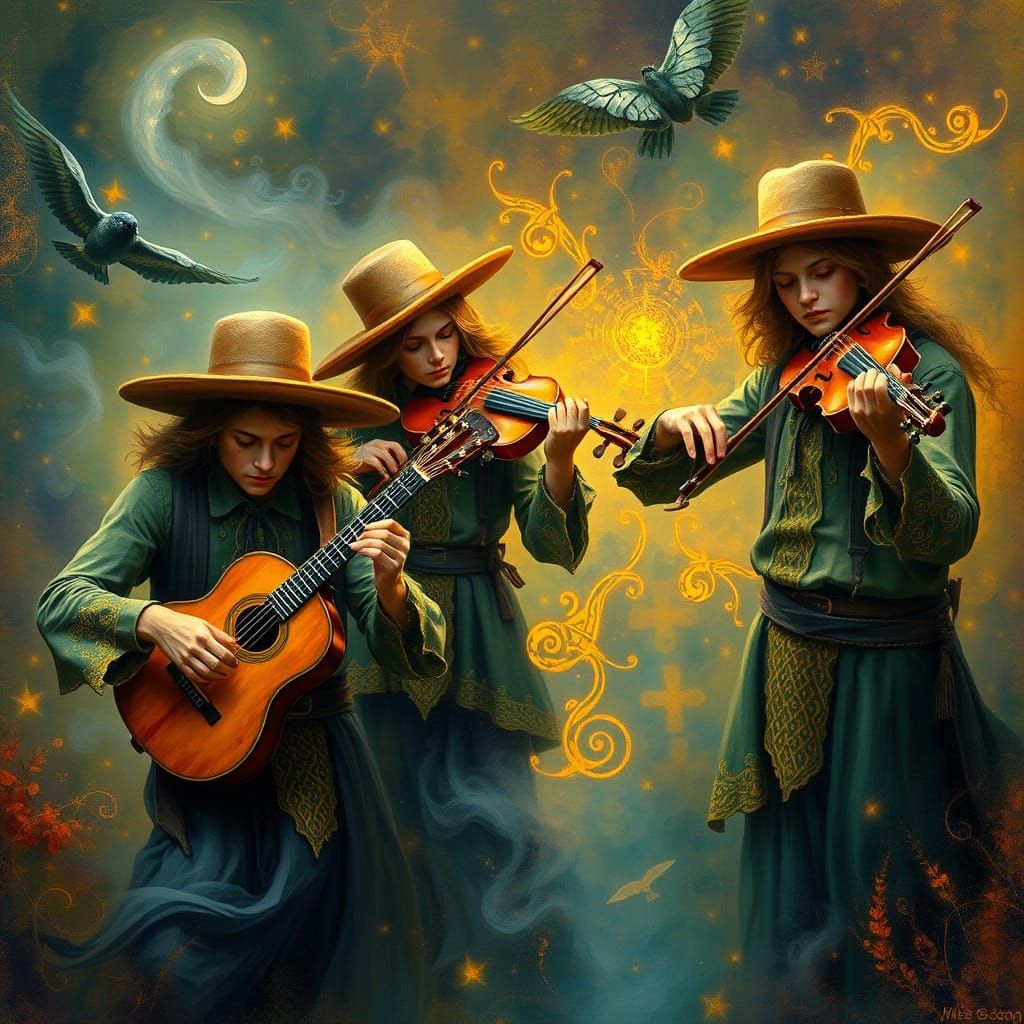 Celtic Musicians in Vibrant Dreamscape