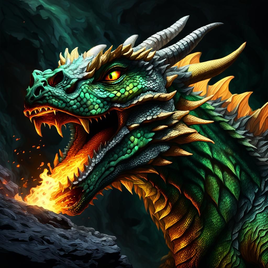 Green Dragon Head Breathing Fire in Dark Cave