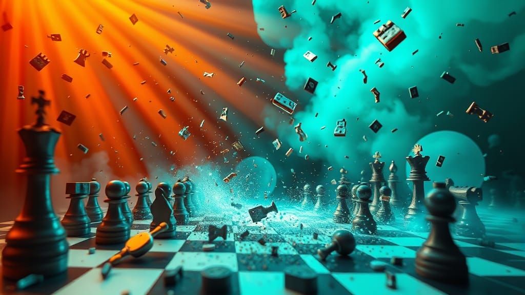 Surreal Chessboard Explosion with Floating Shards in HDR