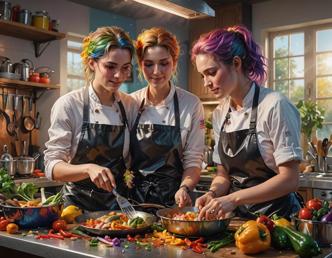 Lesbians cooking dinner
