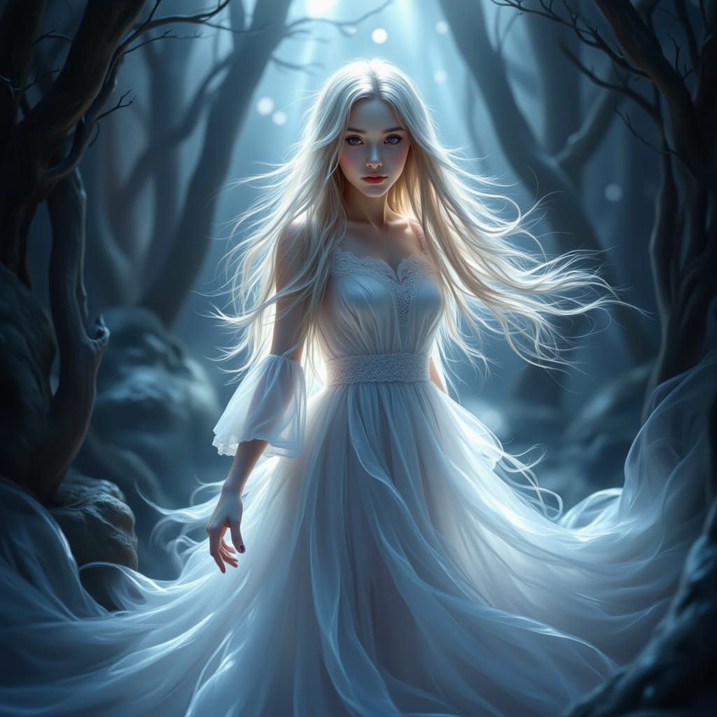 Ethereal Woman in Moonlit Mystical Forest