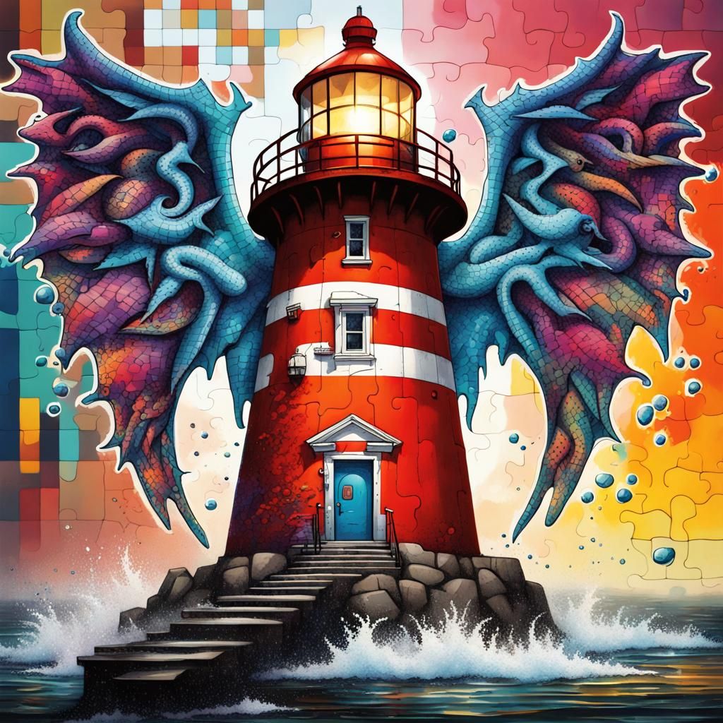 Dragon Winged QR Lighthouse in Graffiti Art Style