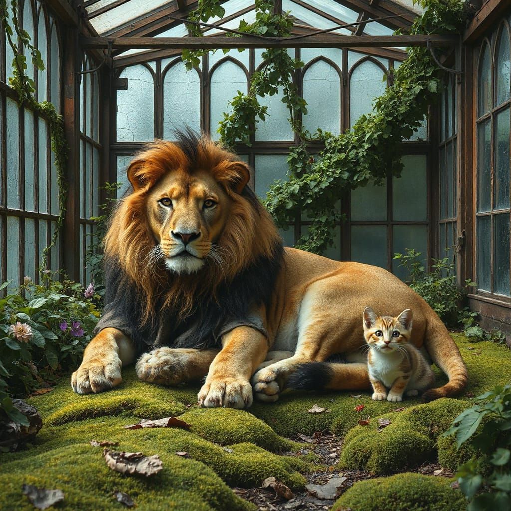 Lion Resting in Overgrown Greenhouse, Painterly Realism