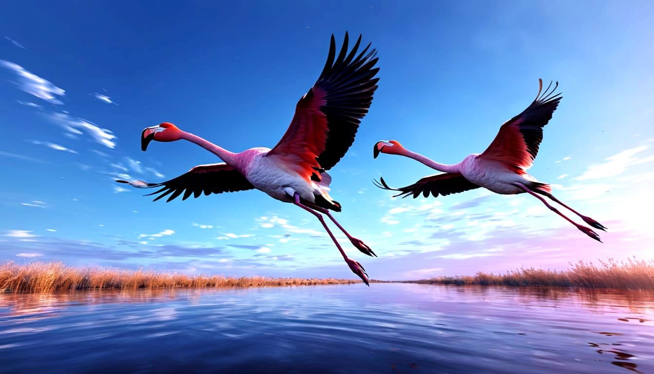 Two Flamingos in Flight at Twilight