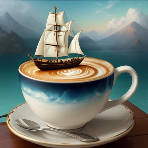 Tiny Boat Sails Coffee Sea: Fantasy Art