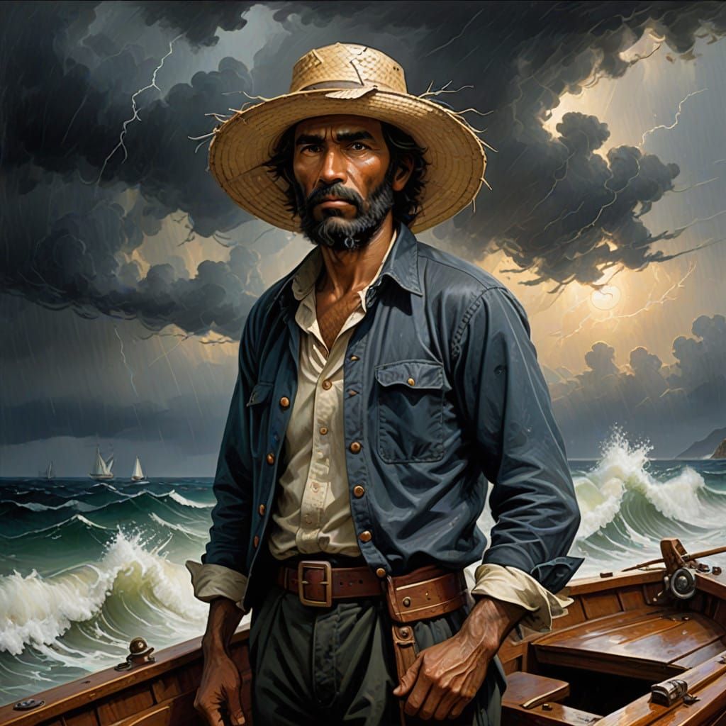 Turbulent Sailor at the Helm of a Rustic Jangada Sailboat