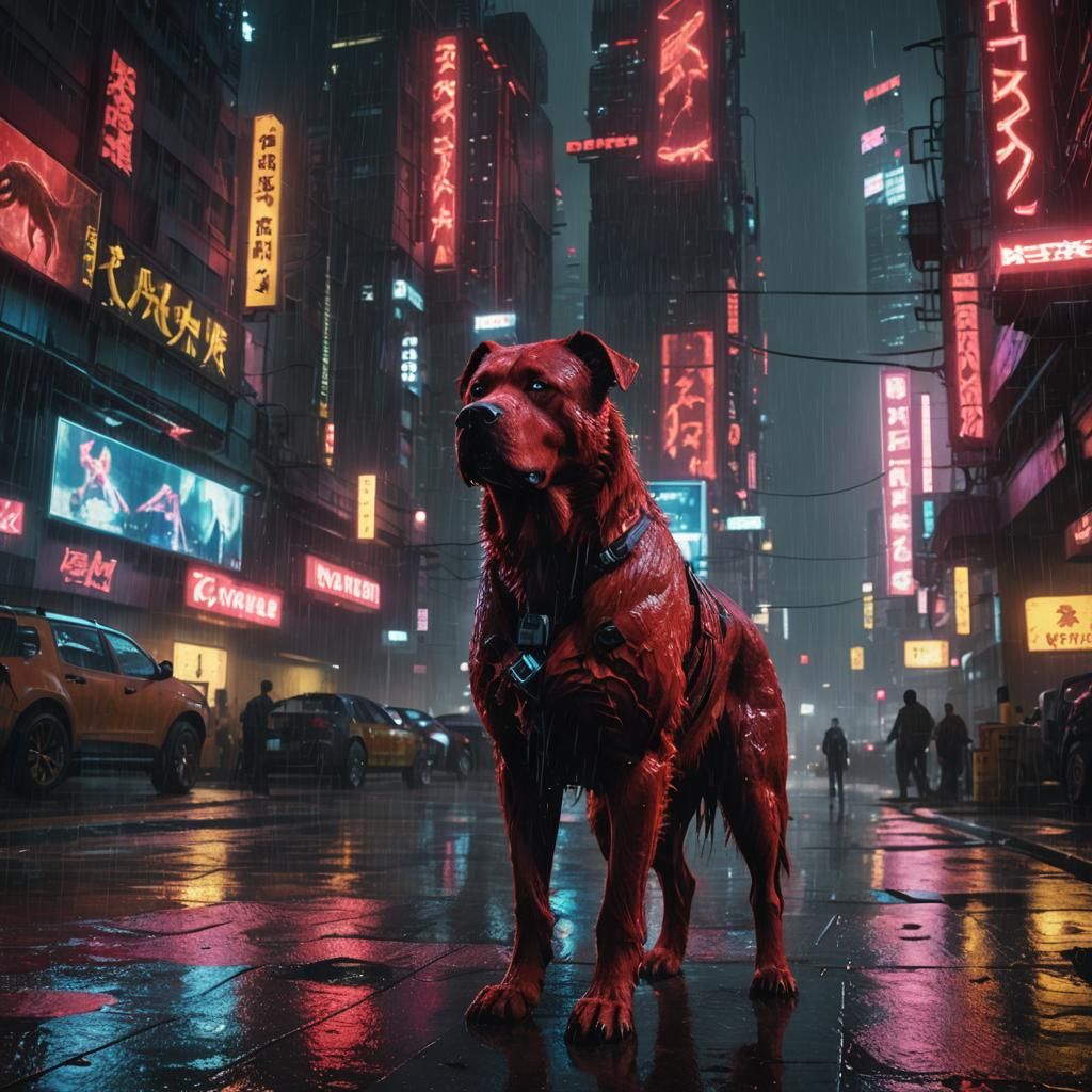 Giant Red Dog in Cyberpunk Cityscape