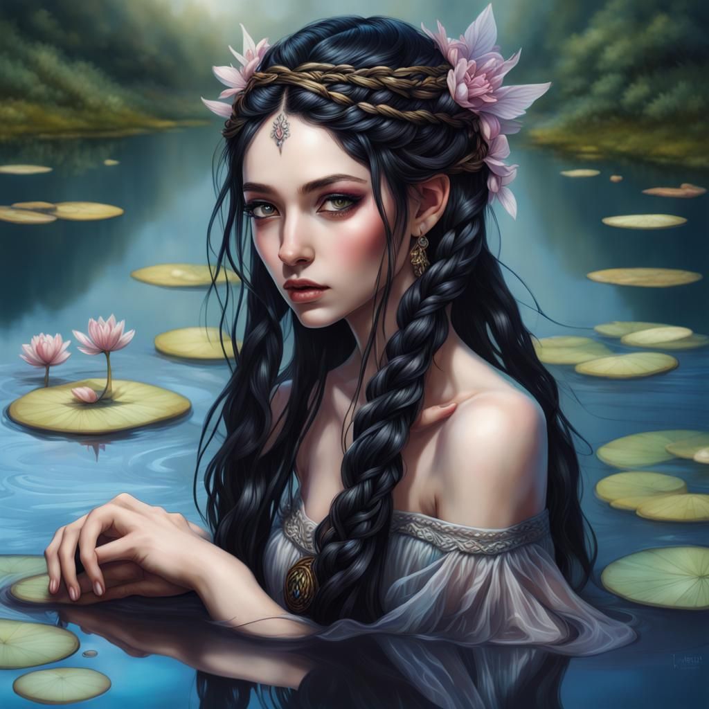 Woman with Braided Hair at Pond, Fantasycore Style