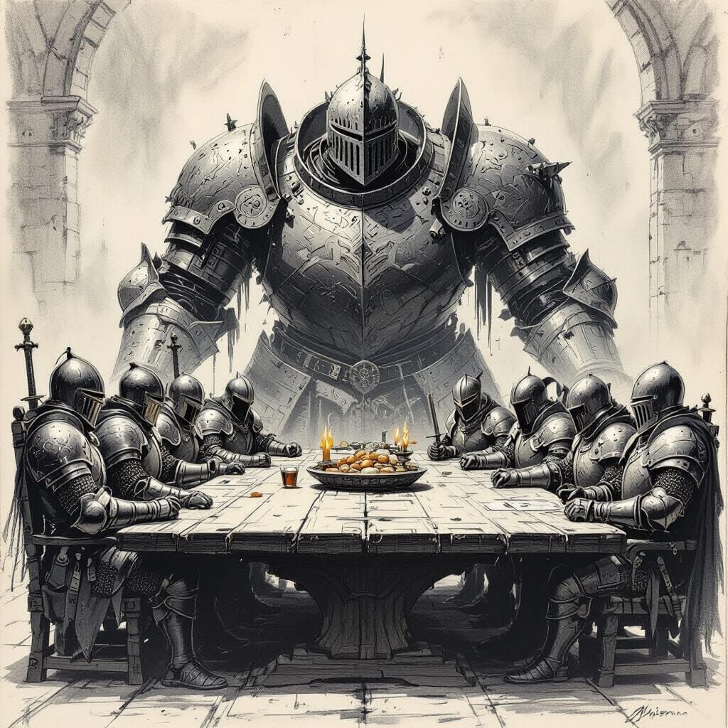 Knights at Royal Table in Charcoal Drawing Style