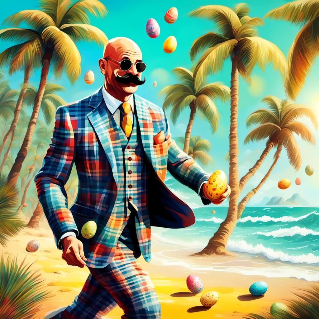 Happy Man Embarks on Vibrant Easter Egg Hunt on Tropical Bea...
