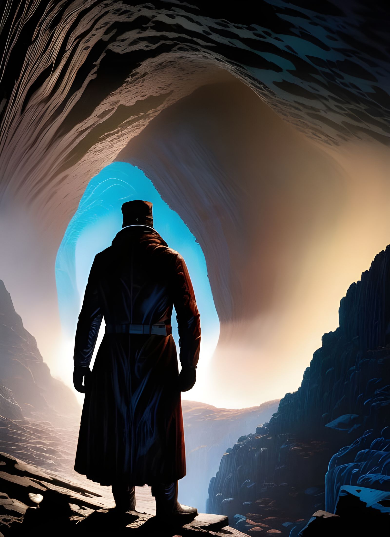 Explorer in Cave with Stalactites: Photorealistic Sci-Fi