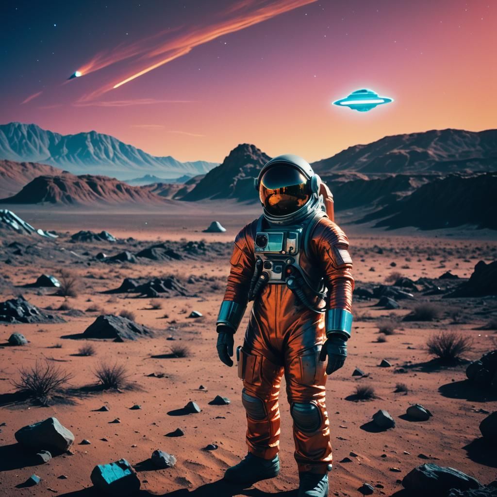 Astronaut in Retro Sci-Fi Landscape