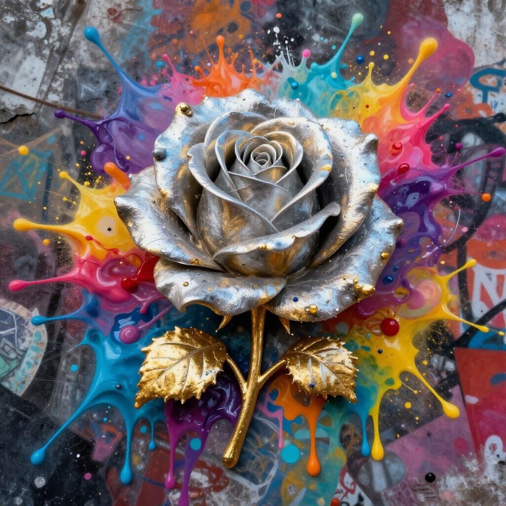 Silver and Gold Mist Rose in Graffiti Art Style