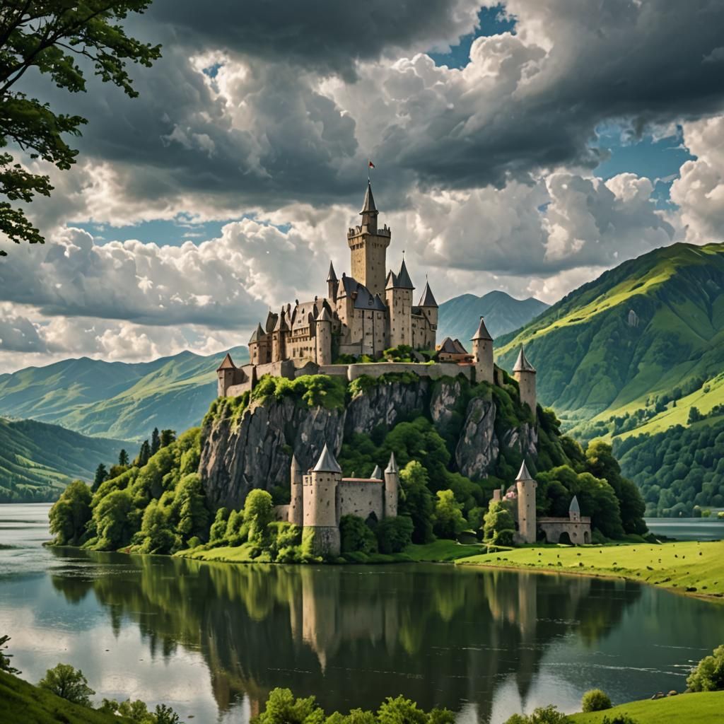 Medieval Castle Amidst Lush Green Mountains