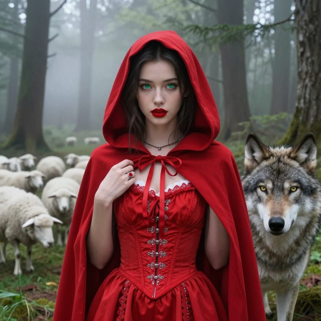 Little Red Riding Hood and Wolf in Enchanted Forest