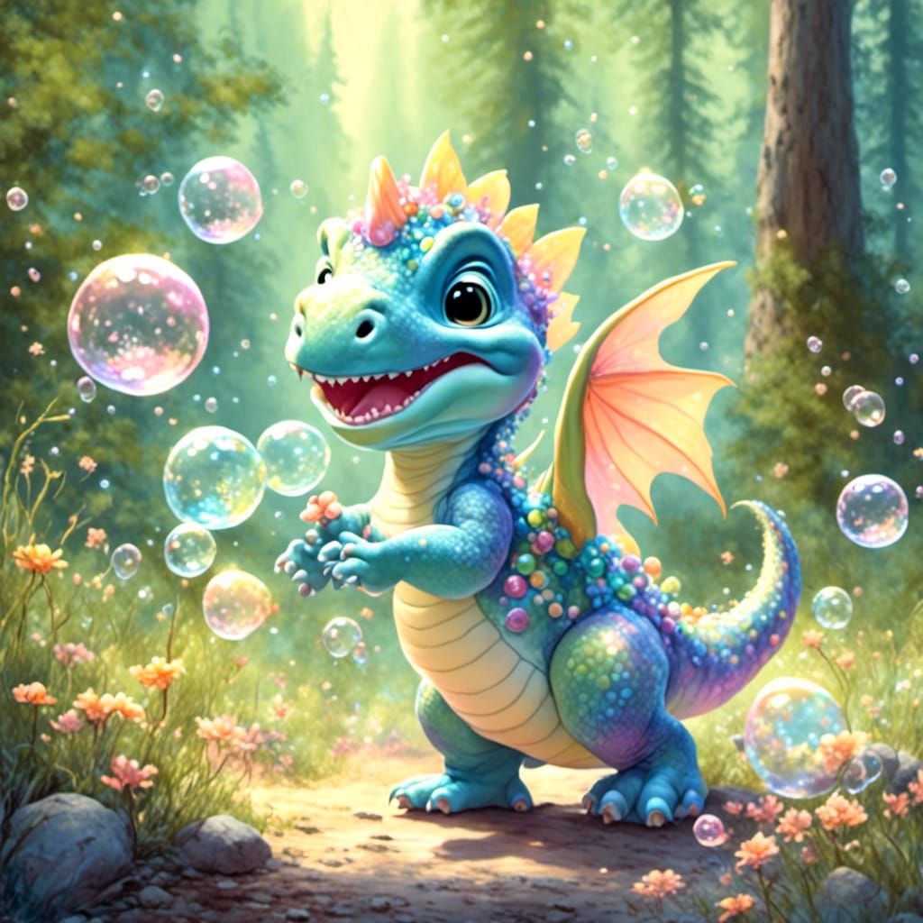 Baby Dinosaur's Bubble Bath: A Whimsical Forest Scene