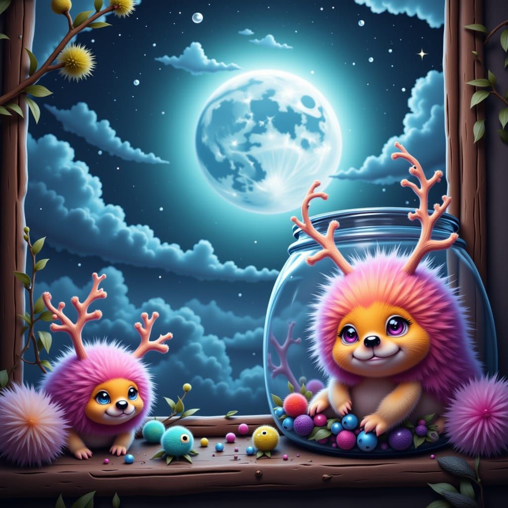 Pastel Fur Monsters in Glass Jars Under Starry Sky