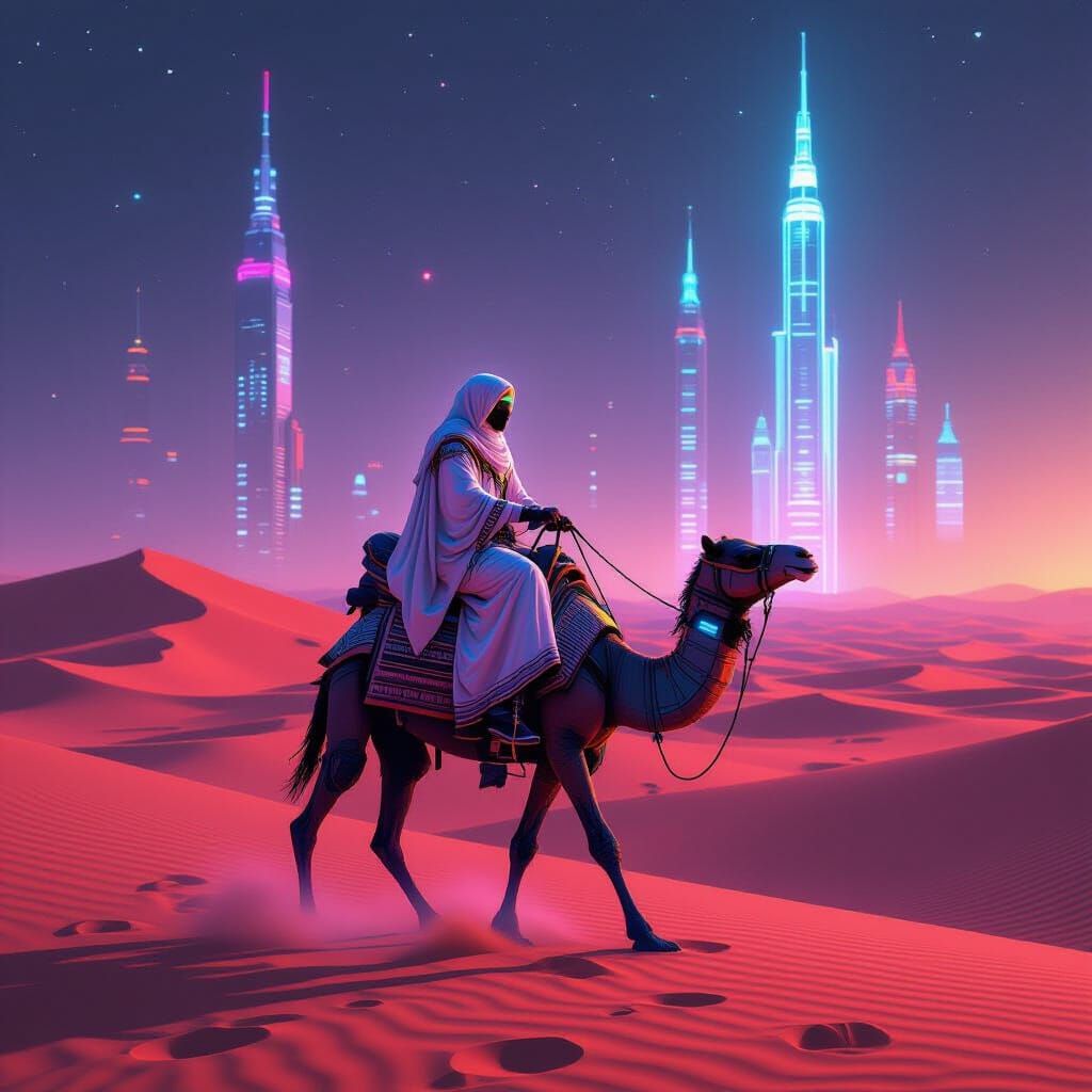 Cyberpunk Nomad Rides a Cybernetic Camel