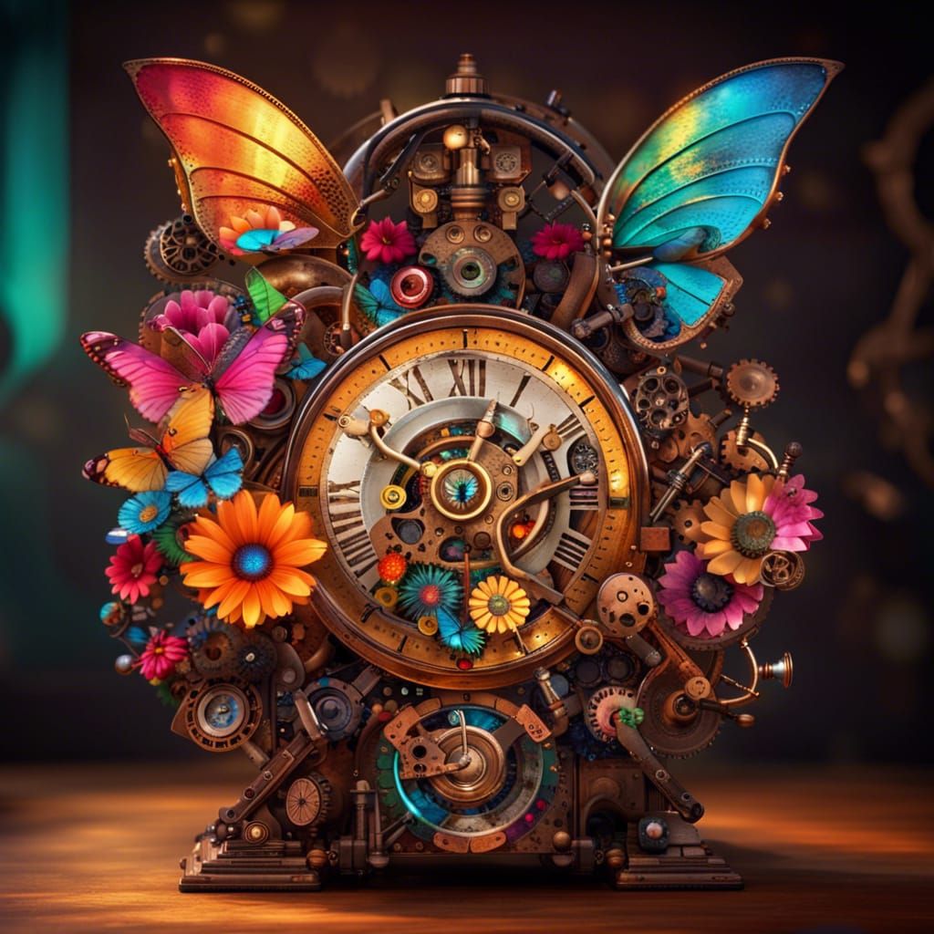 Steampunk Clock with Mechanical Butterflies and Flowers