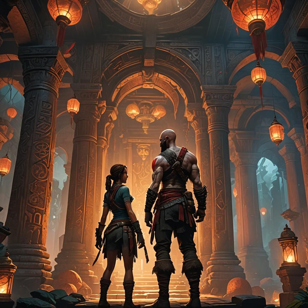 Lara Croft and Kratos in Art Nouveau Style